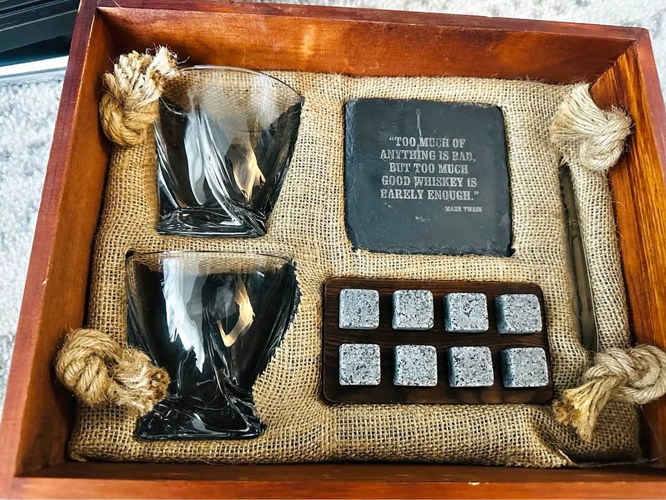 New Whiskey Set by Mixology & Craft – Wooden Box, Glasses & Chil