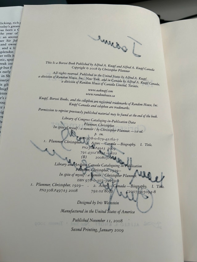Christopher Plummer - In Spite Of Myself - Signed Memoir - photo 3