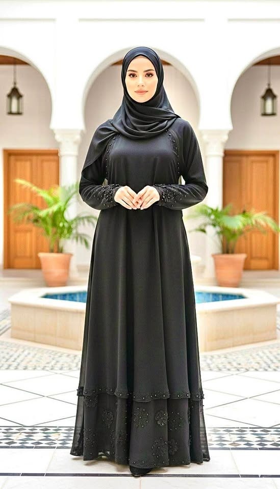 Black Beaded Layered Abaya - Size 56