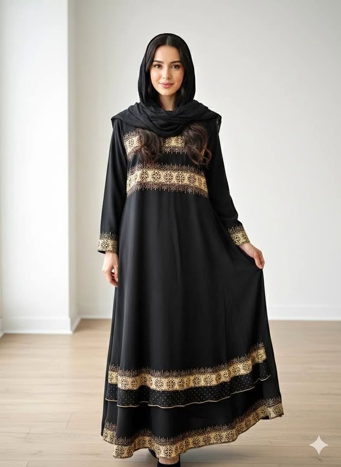 Black Abaya with Gold Embroidery & Matching Scarf - Size XL