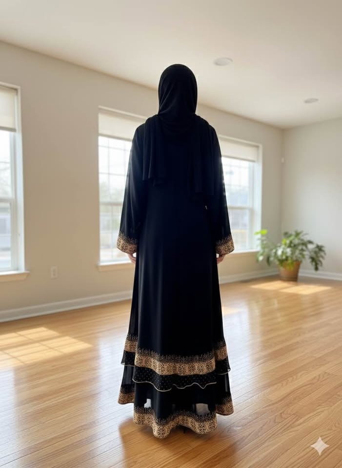 Black Abaya with Gold Embroidery & Matching Scarf - Size XL - photo 2