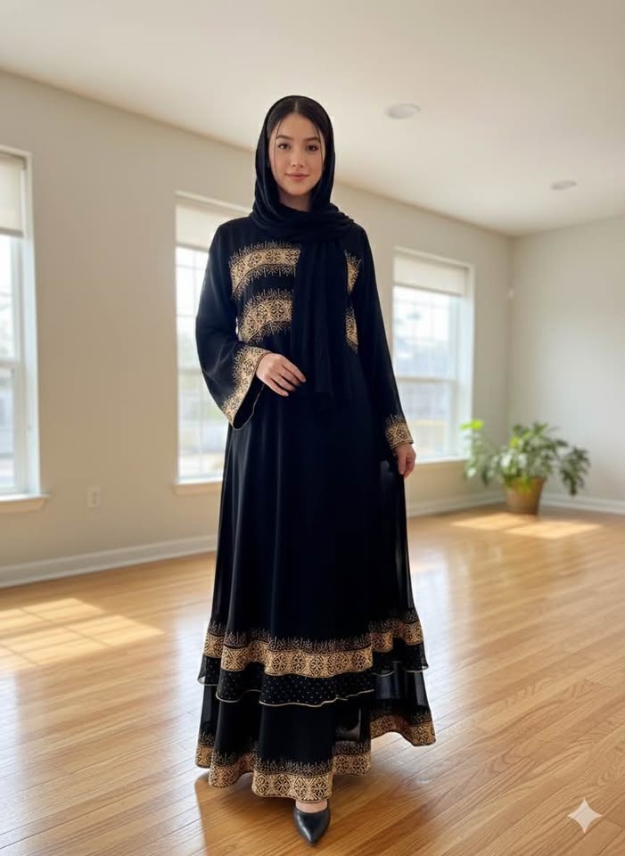 Black Abaya with Gold Embroidery & Matching Scarf - Size XL - photo 3