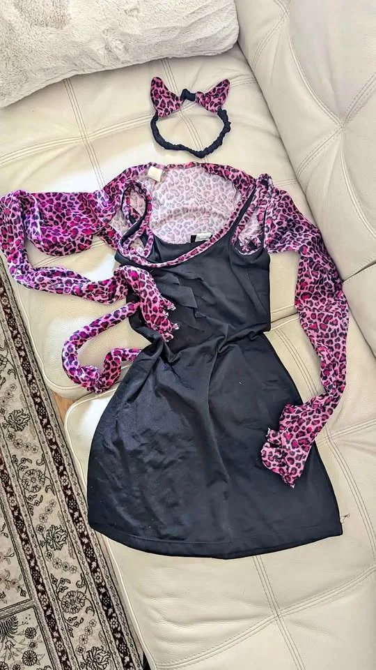 Pink Leopard Cat Halloween Costume Adults (Small - 3 Piece) thumbnail
