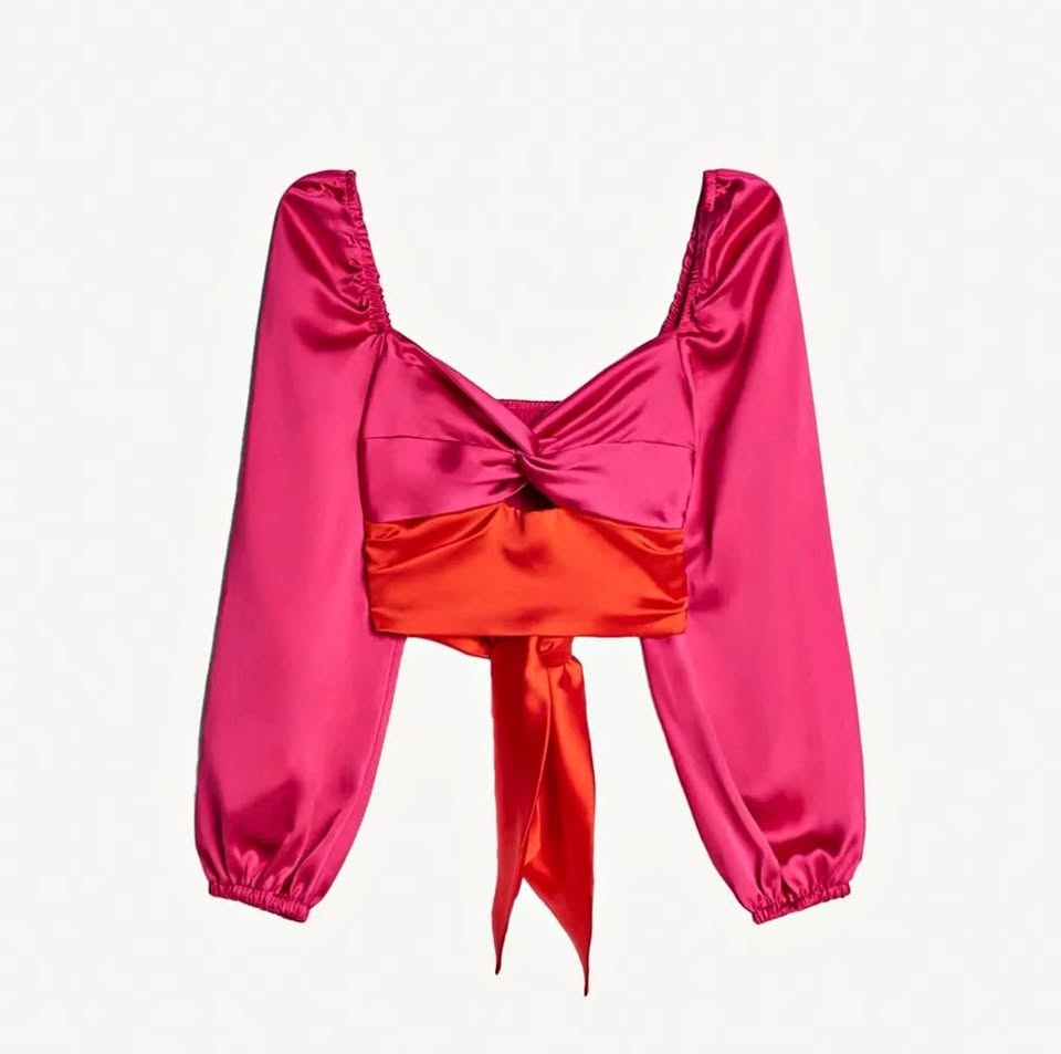 Satin Volume Sleeve Boho Crop Top Blouse Shirt | Size Large | US