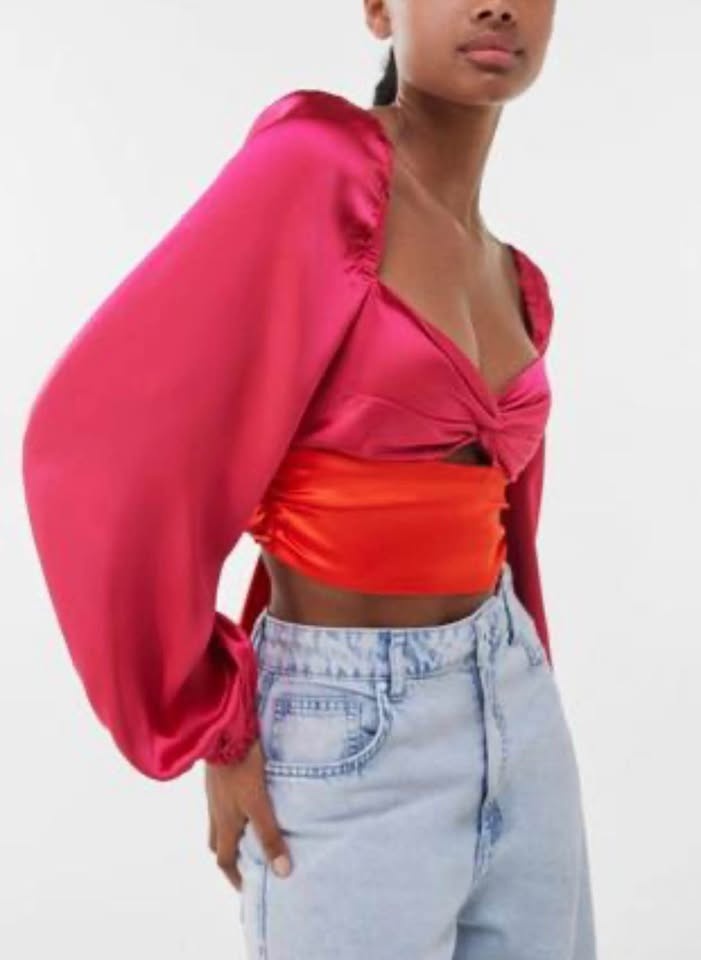 Satin Volume Sleeve Boho Crop Top Blouse Shirt | Size Large | US - photo 2