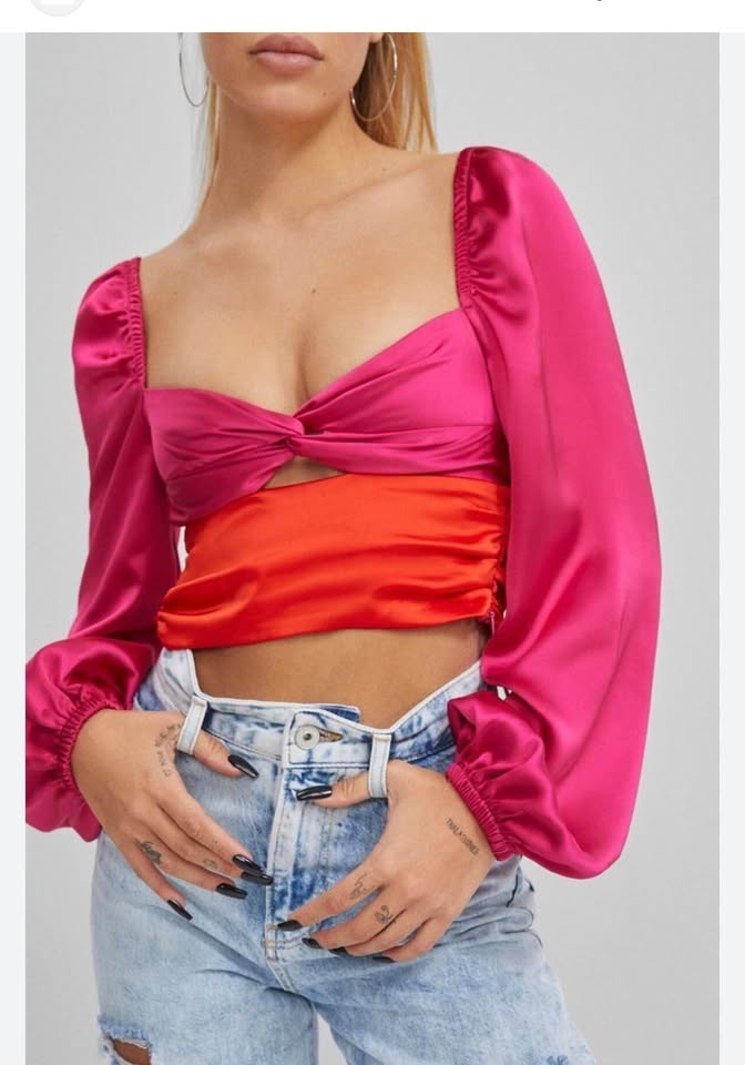 Satin Volume Sleeve Boho Crop Top Blouse Shirt | Size Large | US - photo 3