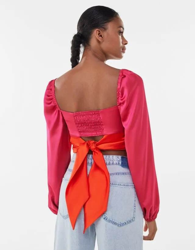 Satin Volume Sleeve Boho Crop Top Blouse Shirt | Size Large | US - photo 4