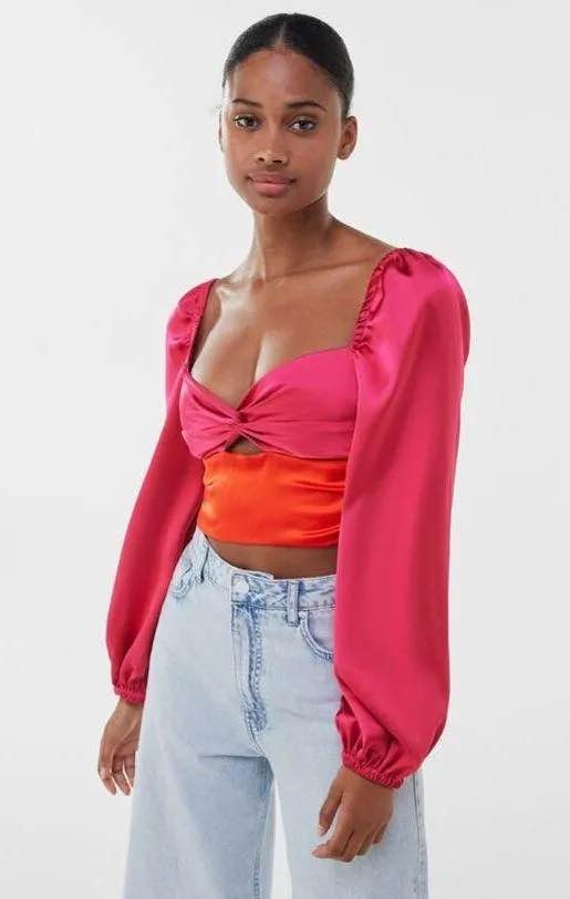Satin Volume Sleeve Boho Crop Top Blouse Shirt | Size Large | US - photo 5