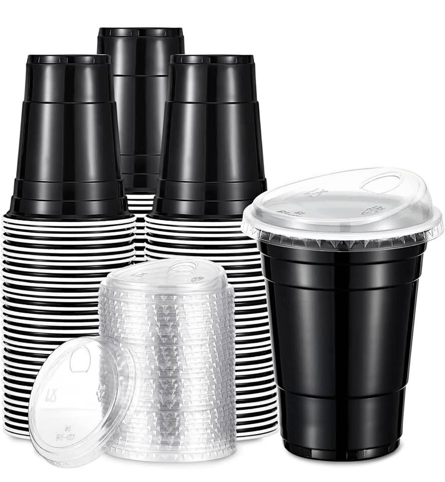 LemonRoad 50 Pack 16 oz Disposable Cups w/ Strawless Lids (Black