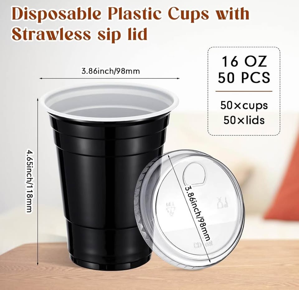 LemonRoad 50 Pack 16 oz Disposable Cups w/ Strawless Lids (Black - photo 2