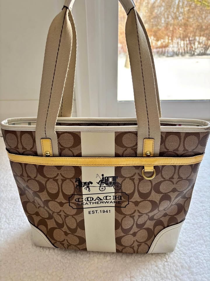 Coach Heritage Stripe Signature Tote - Yellow/Brown/Beige