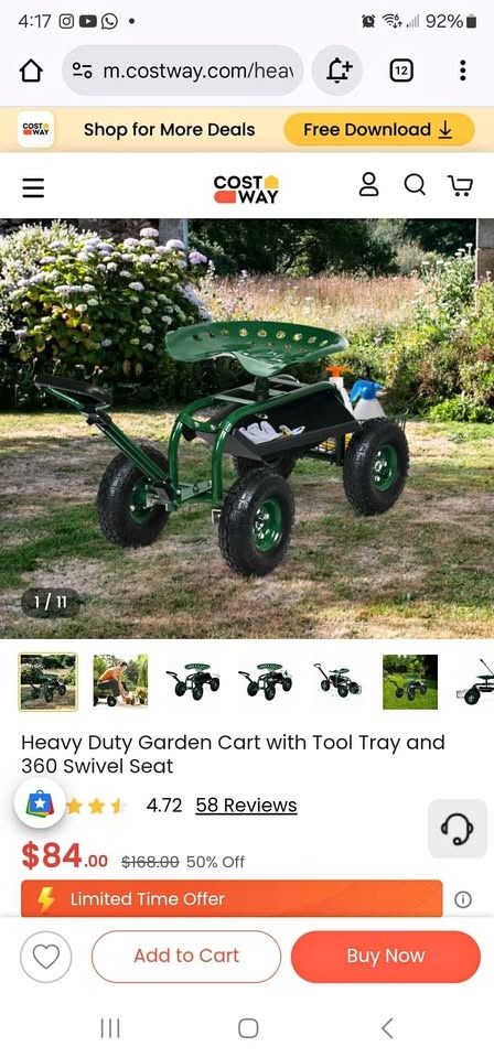 COSTWAY GARDEN CART ROLLING WORK SEAT WUTH TRAY