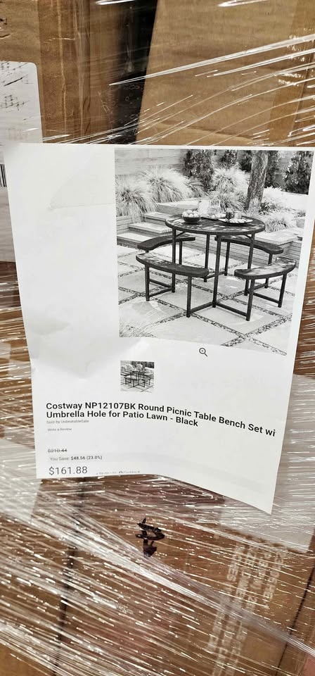 COSTWAY ROUND PICNIC TABLE BENCH SET WITH 4 BENCHES openbox