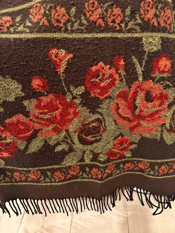 Floral Woven Large Winter Scarf With Fringe