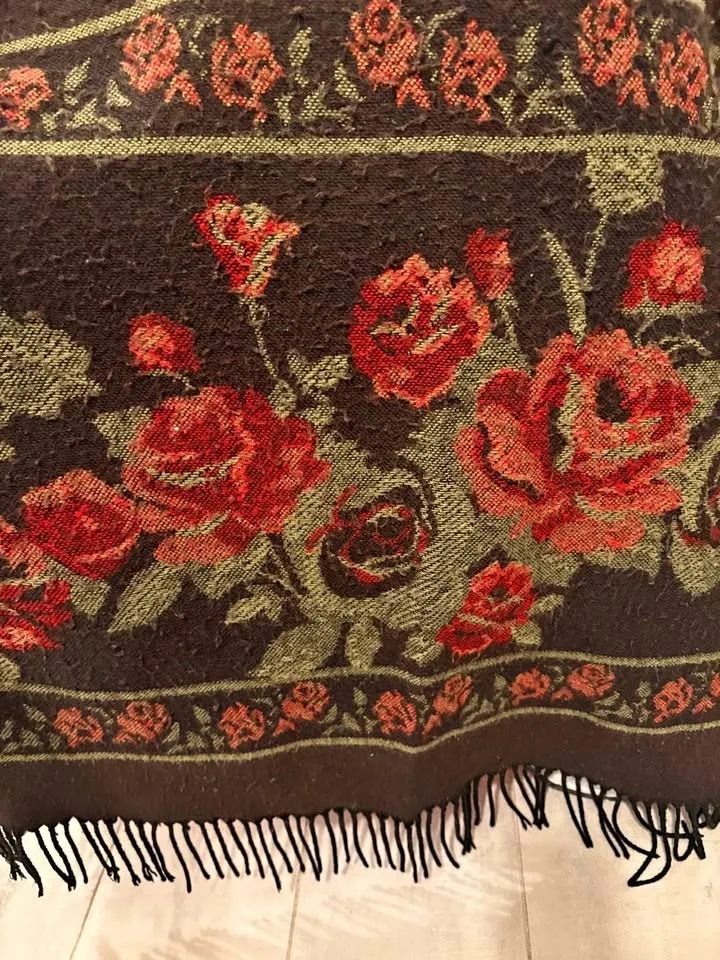 Floral Woven Large Winter Scarf With Fringe