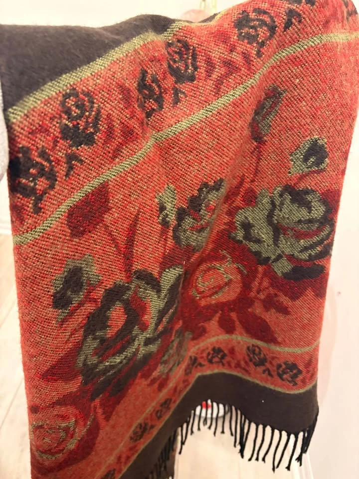Floral Woven Large Winter Scarf With Fringe - photo 2