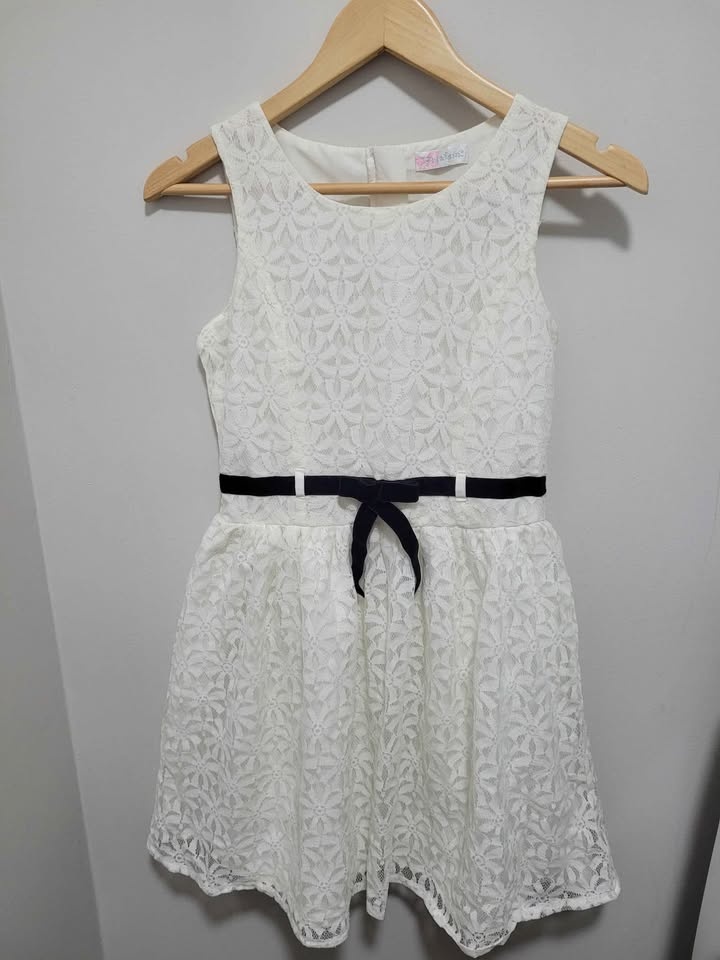 Creme Lace Dress With Black Velvet Belt