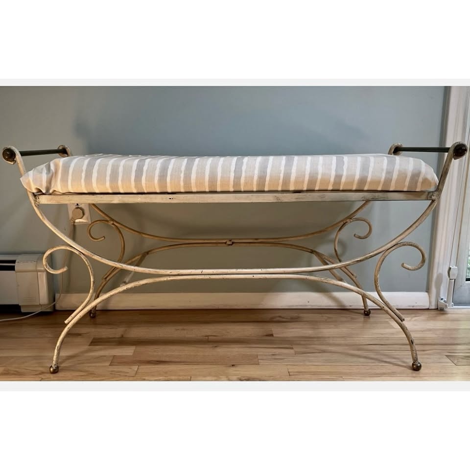 Antique Wrought Iron Bench with Cushion