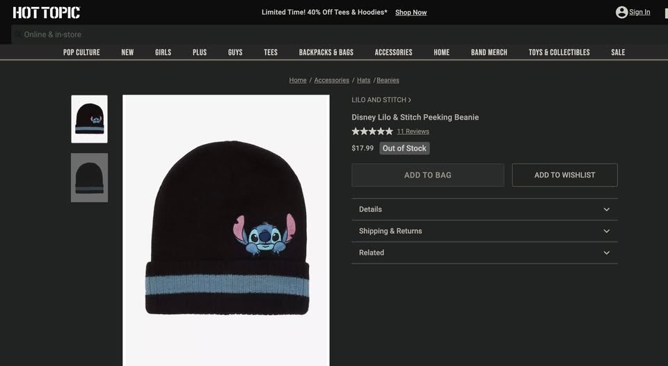 Hot Topic Lilo & Stitch Peeking Beanie - photo 2