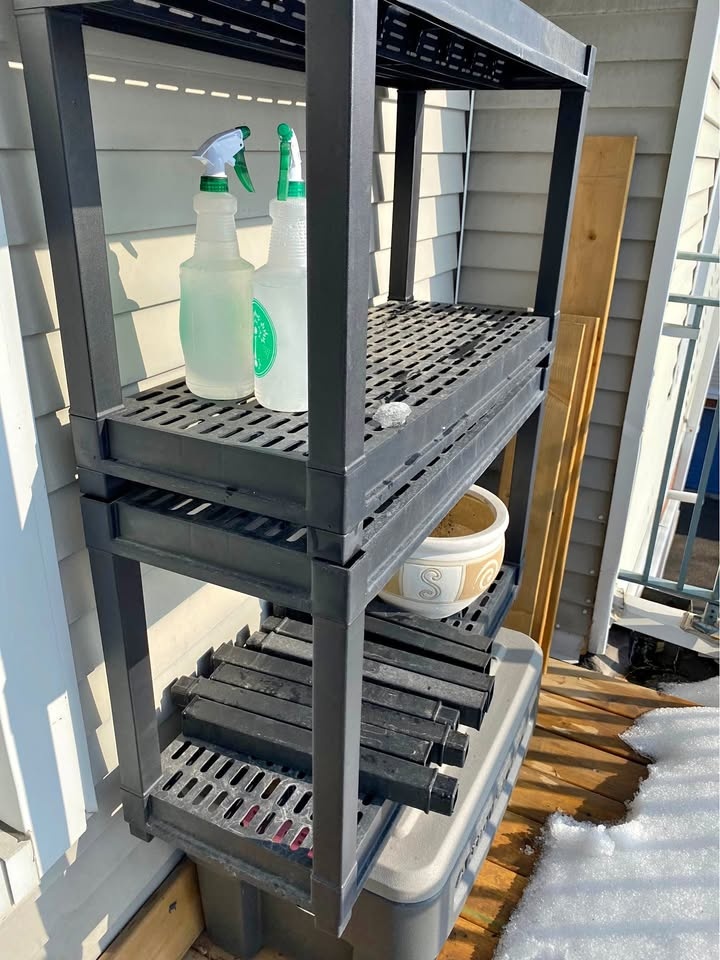 Shelf + box of pots and plant material