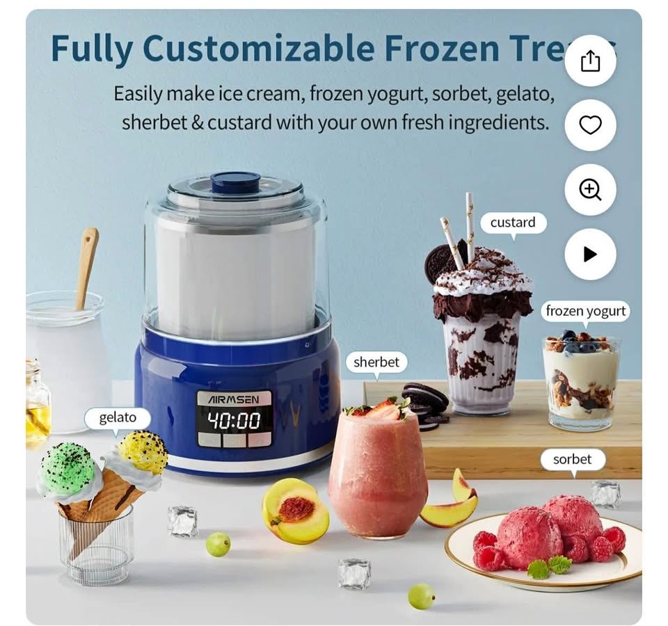 AIRMSEN 2.1 Qt Ice Cream Maker w/ LED Screen & Timer