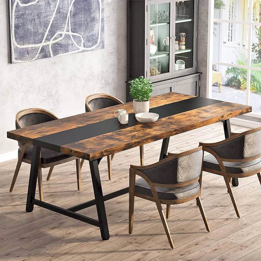 Long Wood Dining Table with Metal Legs, Rustic Brown