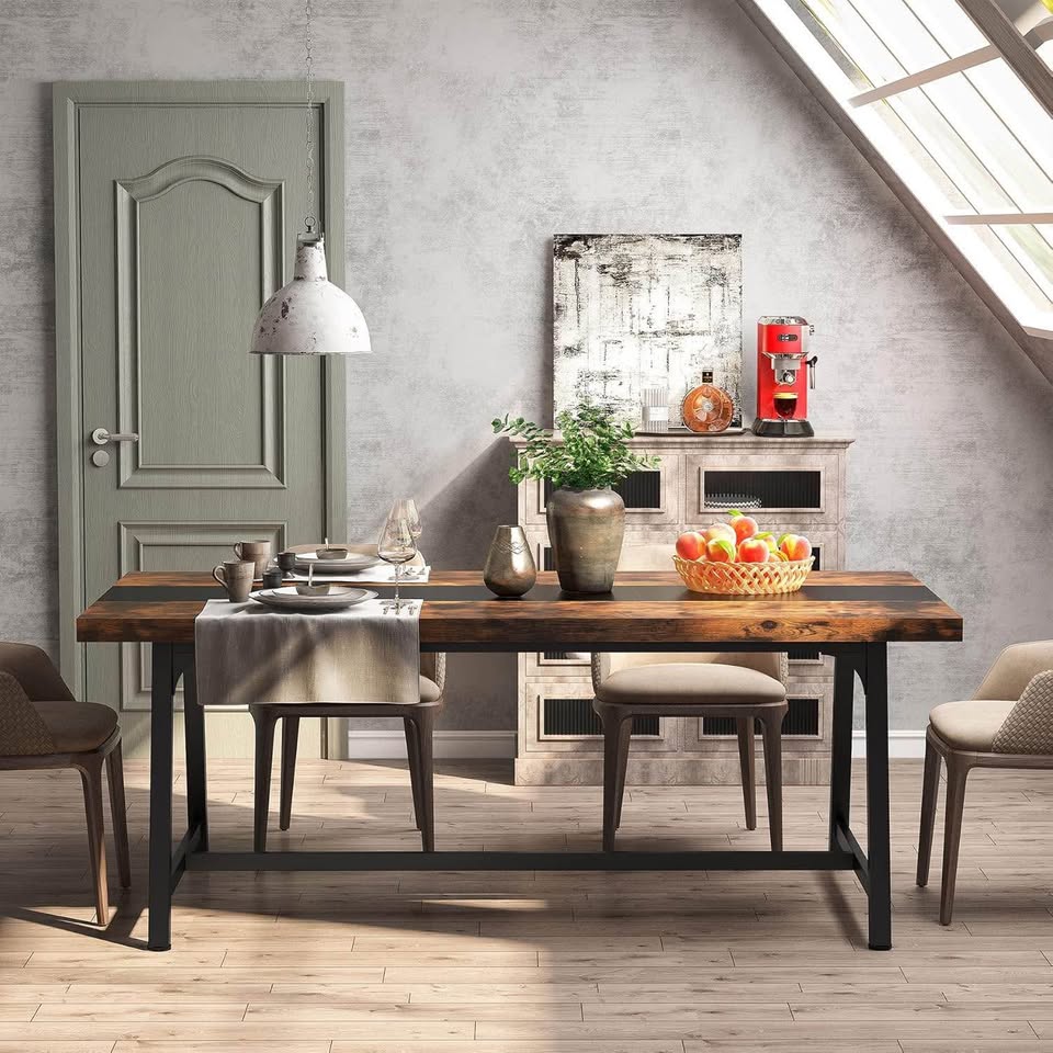 Long Wood Dining Table with Metal Legs, Rustic Brown - photo 2