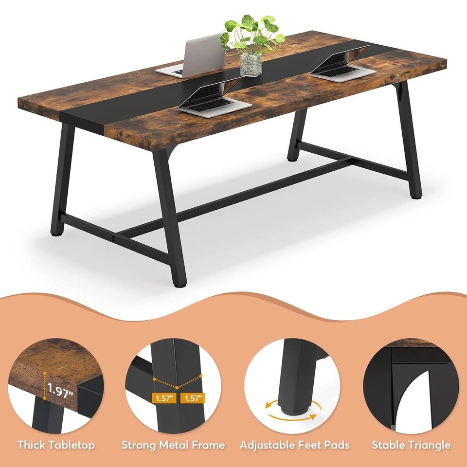 Long Wood Dining Table with Metal Legs, Rustic Brown - photo 5