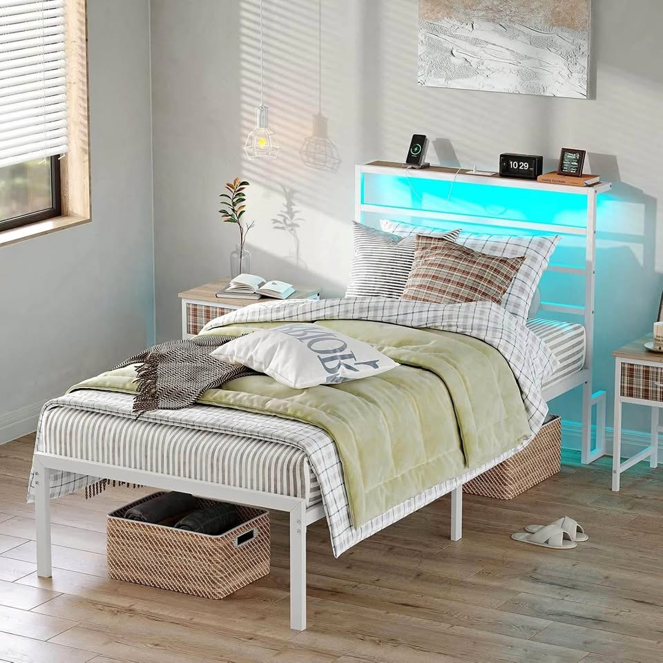 Twin/Single White Metal Platform Bed with LED