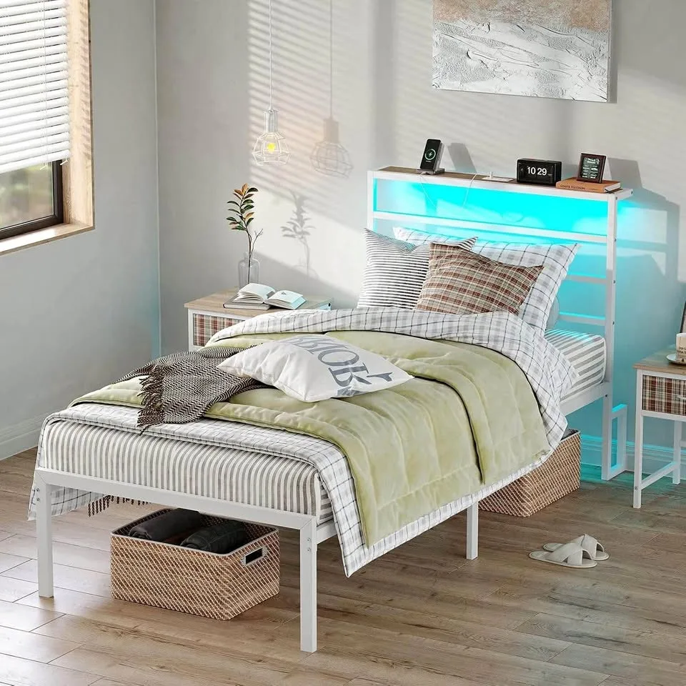 Twin/Single White Metal Platform Bed with LED thumbnail