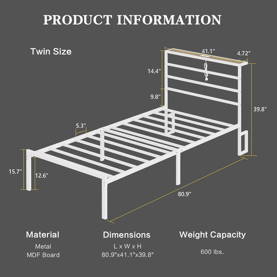 Twin/Single White Metal Platform Bed with LED - photo 2