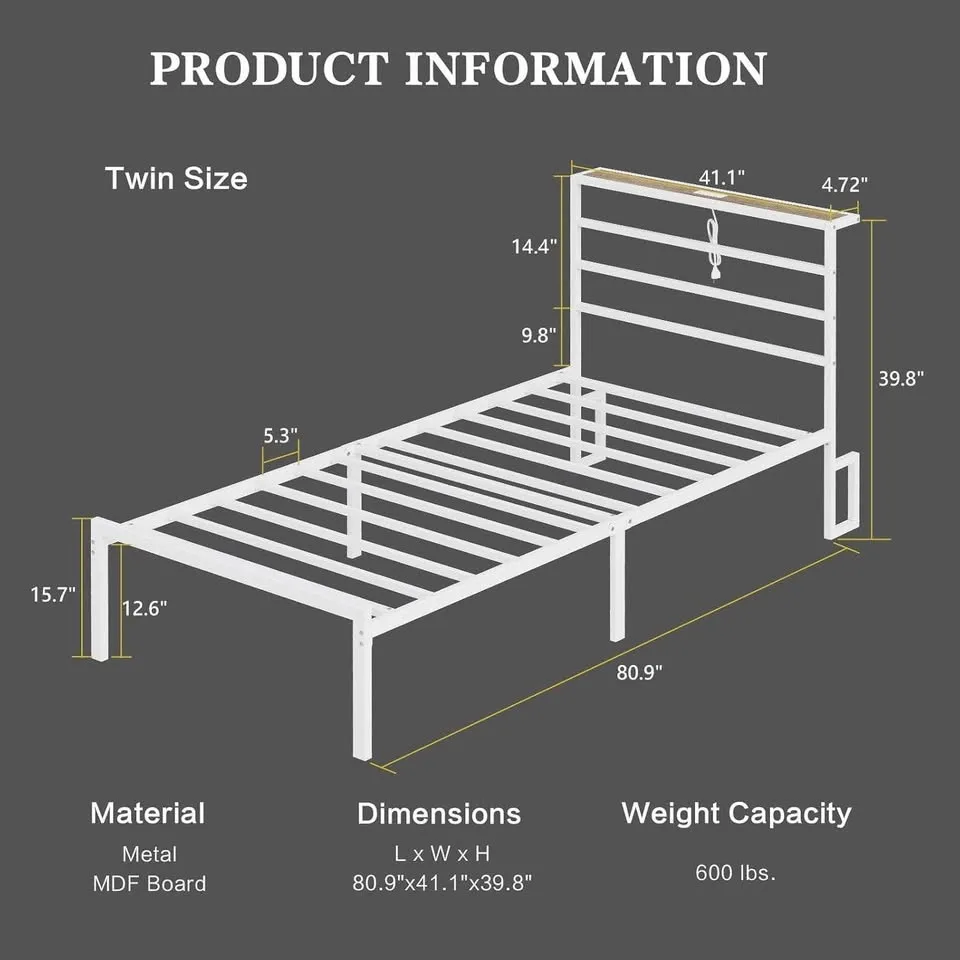 Twin/Single White Metal Platform Bed with LED image indicator(2)