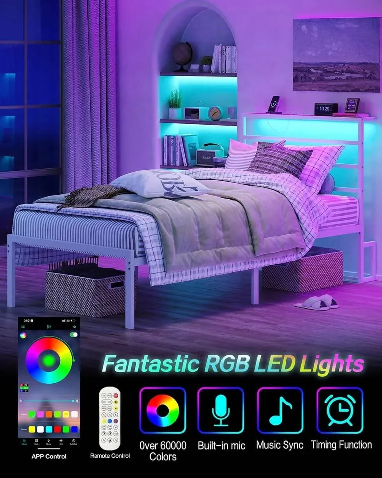 Twin/Single White Metal Platform Bed with LED image indicator(3)