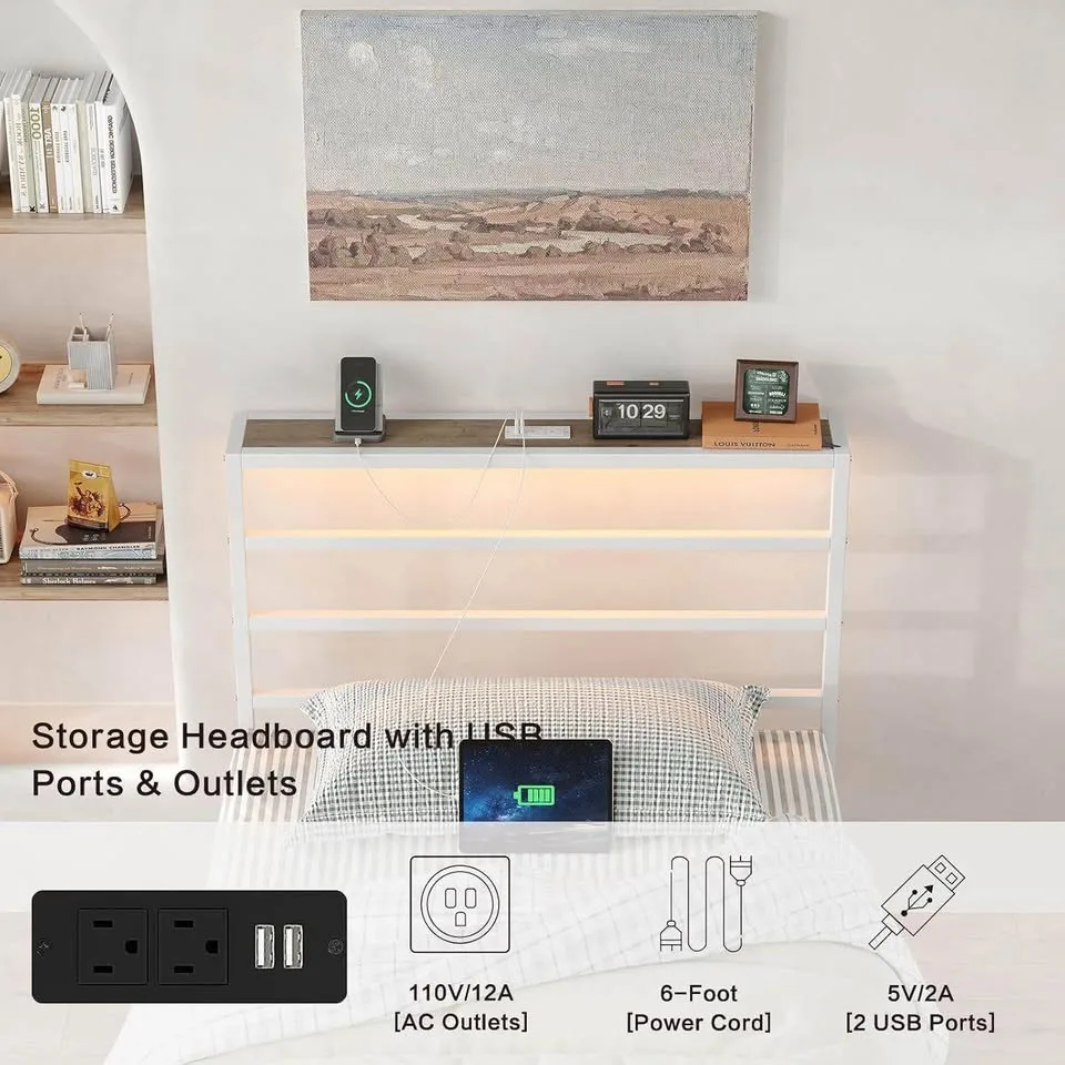 Twin/Single White Metal Platform Bed with LED image indicator(5)