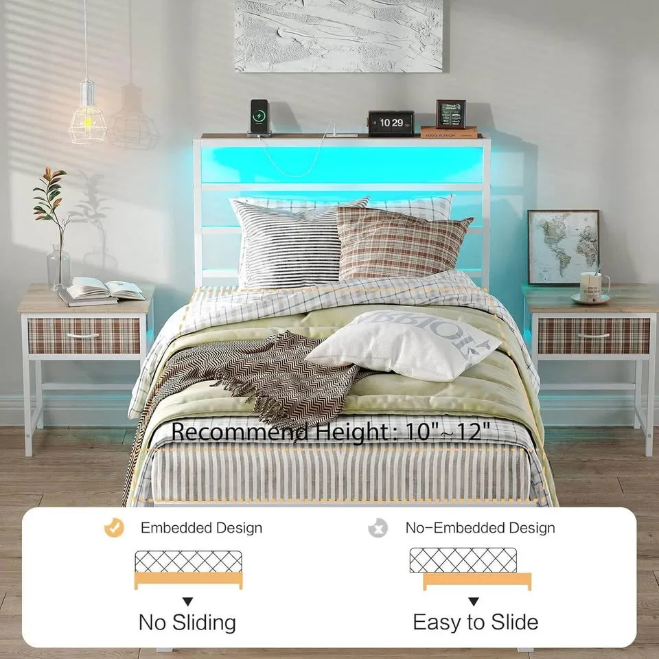 Twin/Single White Metal Platform Bed with LED image indicator(6)