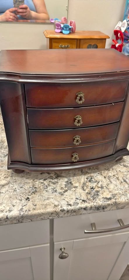 Wood jewelry box with mirror and drawers