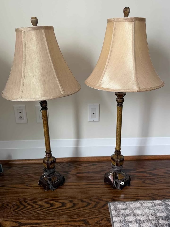 Vintage-Style Table Lamps w/ Cream Raw Silk Shades – 32" - photo 2