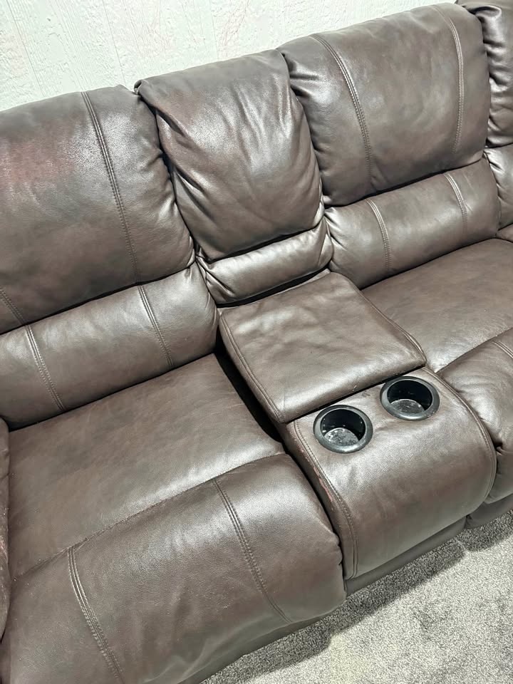 Brown Leather Reclining Sectional w/ Cup Holders