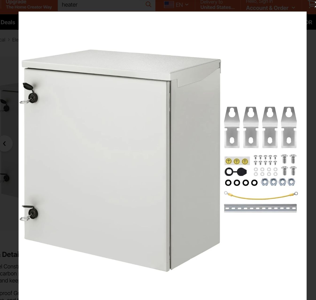 VEVOR Electrical Enclosure 24"x24"x12" NEMA 4 IP65 Steel Hinged