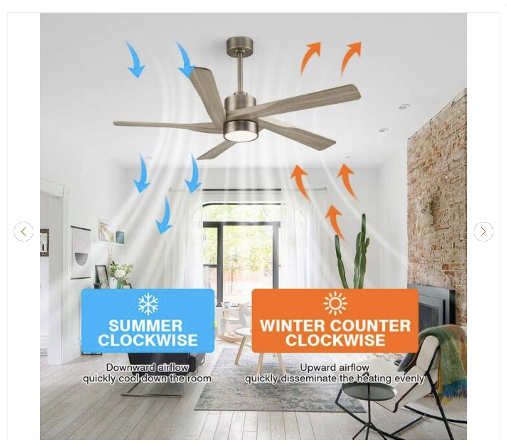 54" Smart Ceiling Fan - 5 Blades, 6 Speeds, LED, Nickel/Wood Gra - photo 2