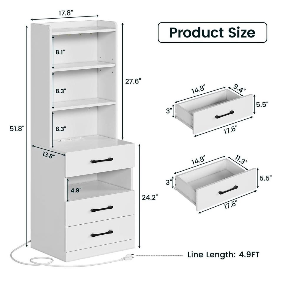 White Shelf Unit with Drawers - 51.8in Tall
