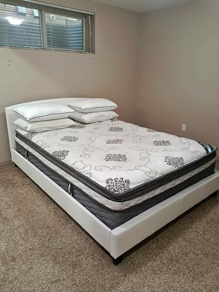 Bed Frame Queen Size with Mattress and Pillows