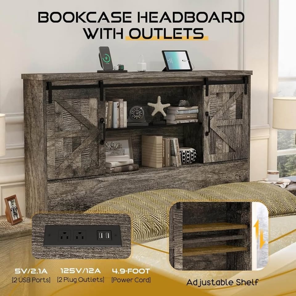 HOWE Full Size Wood Platform Bed Frame with Bookcase Headboard - photo 2