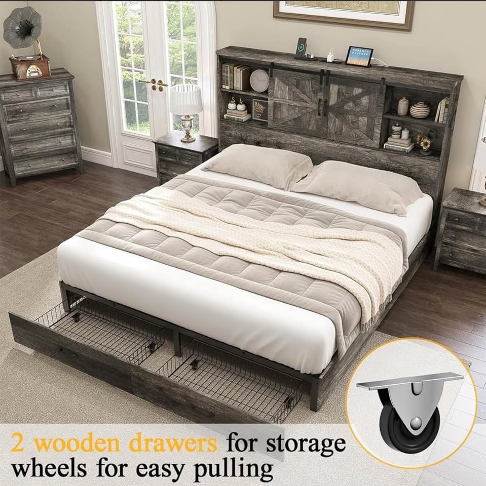 HOWE Full Size Wood Platform Bed Frame with Bookcase Headboard - photo 3