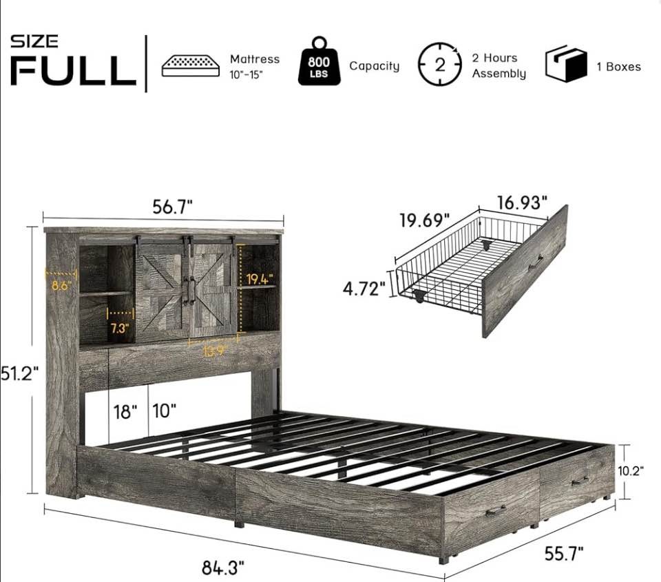 HOWE Full Size Wood Platform Bed Frame with Bookcase Headboard - photo 4