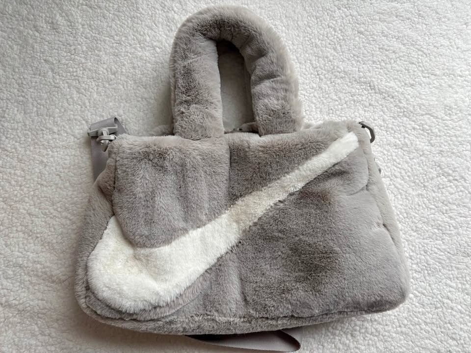 Nike Grey and White Faux Fur Swoosh Tote Bag