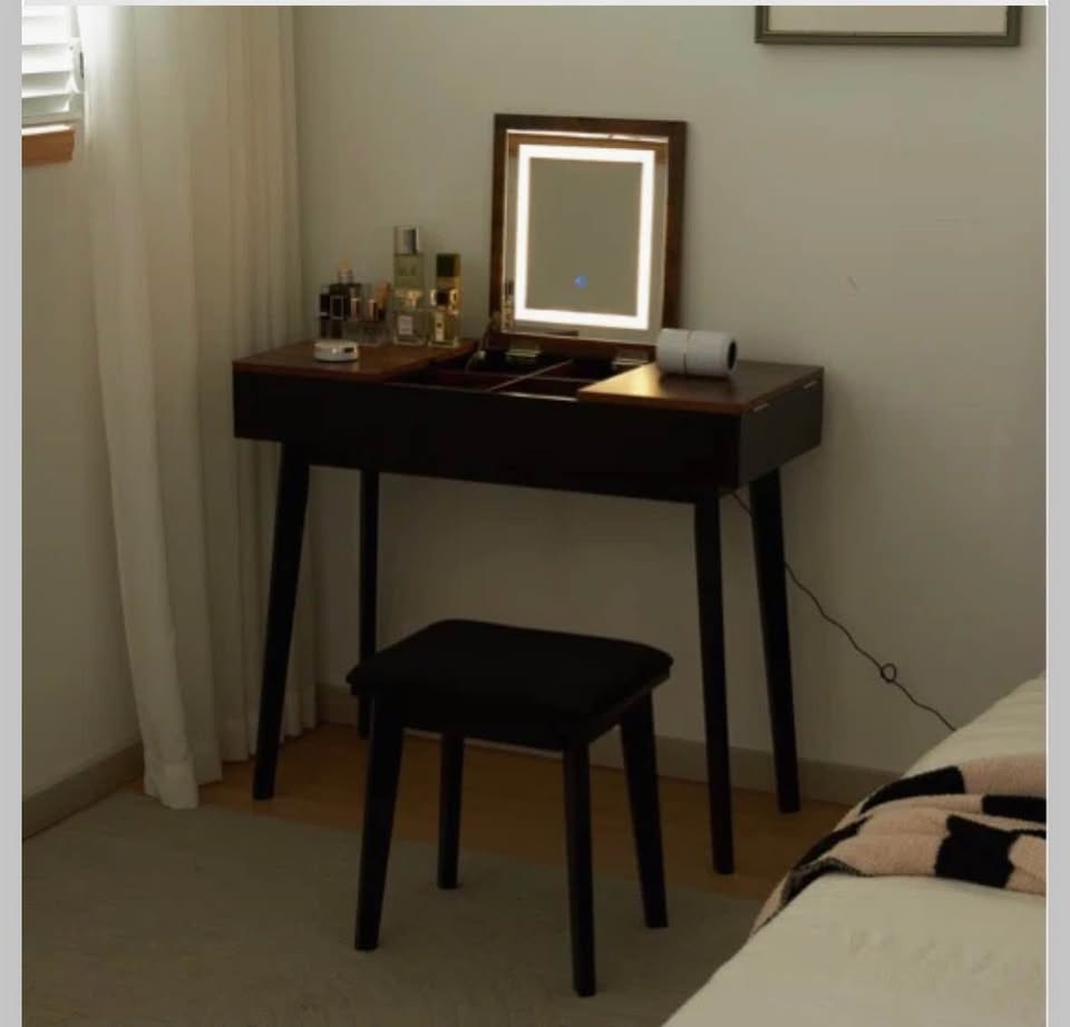 Naiyeli Modern Makeup Vanity Desk w/ Flip Mirror, LED Light & Ou