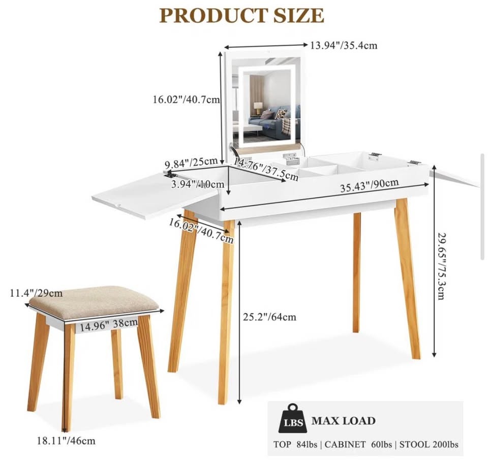 Naiyeli Modern Makeup Vanity Desk w/ Flip Mirror, LED Light & Ou - photo 2