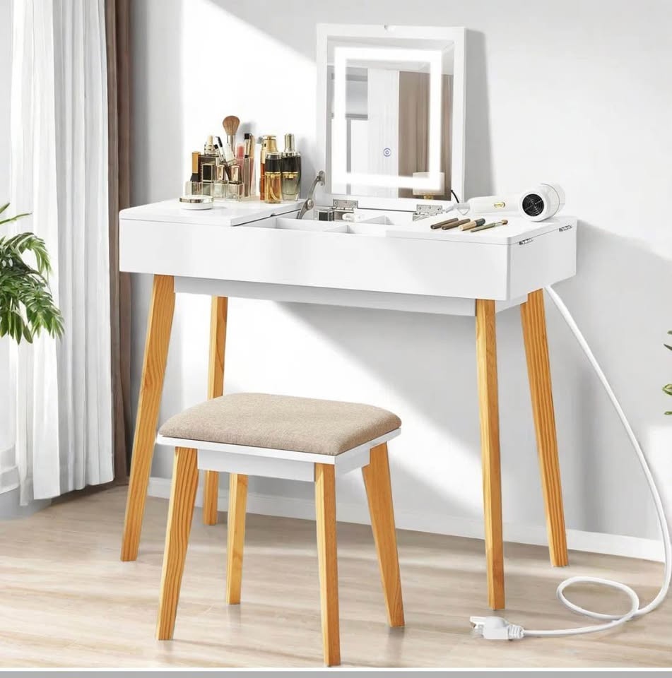 Naiyeli Modern Makeup Vanity Desk w/ Flip Mirror, LED Light & Ou - photo 4