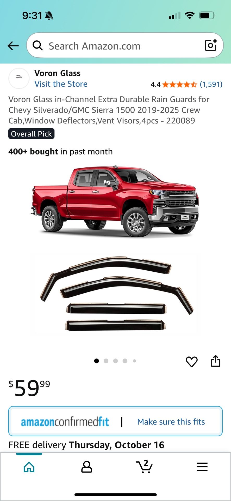Voron Glass Rain Guards for Chevy/GMC Sierra 2019-2025 Crew Cab